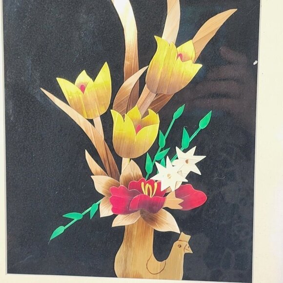 Chinese Asian Wheat Straw Wood Art Tulips Chicken Floral Yellow Red Framed 12x14 - Picture 4 of 5